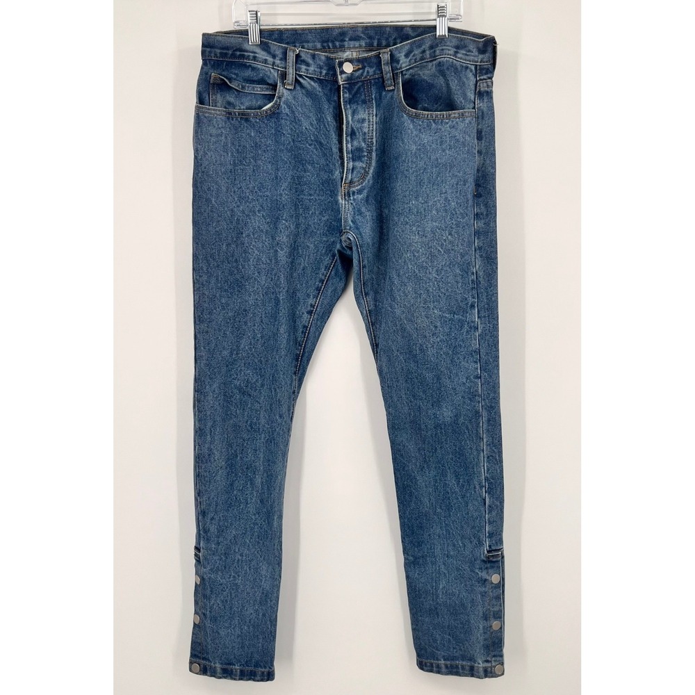 MNML Mens Blue Snap Button Ankle‎ Denim Jeans 33 Fits 36" Med Wash Button Fly
